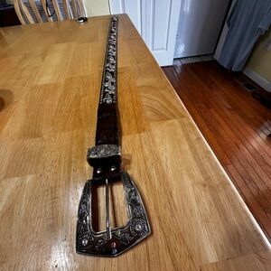 Elegant Brown Leather Belt with Silver Accents